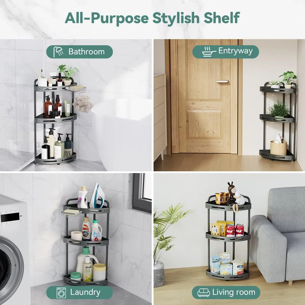 Binecer Corner Shower Caddy 3 Tier Grey | Rustproof Aluminium Bathroom Organizer - view 7