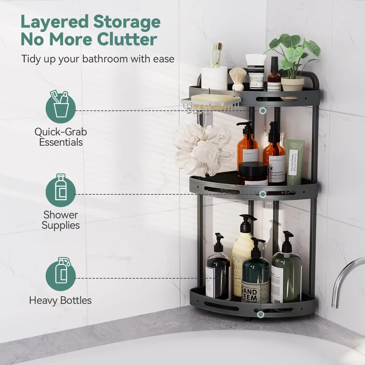 Binecer Corner Shower Caddy 3 Tier Grey | Rustproof Aluminium Bathroom Organizer - view 2