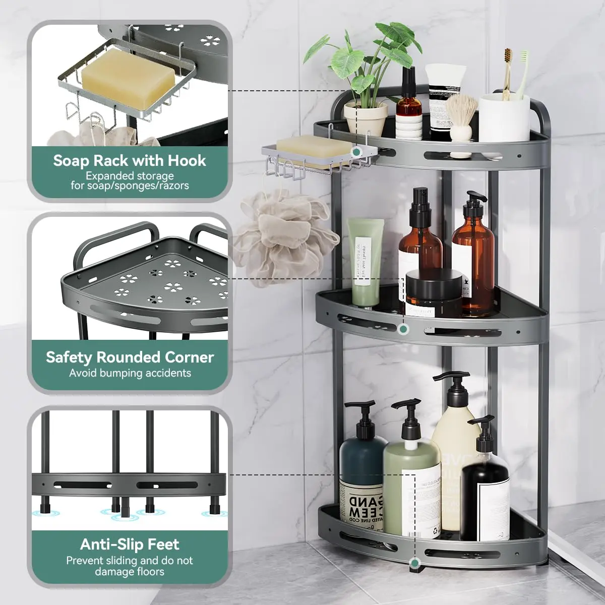 Binecer Corner Shower Caddy 3 Tier Grey | Rustproof Aluminium Bathroom Organizer - view 3