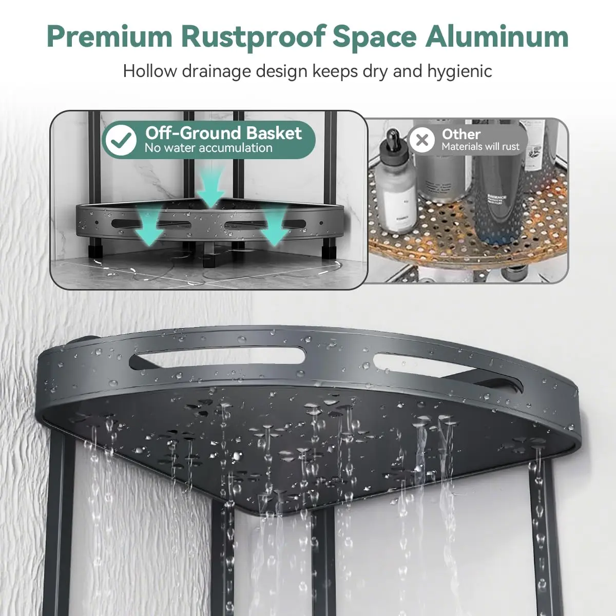 Binecer Corner Shower Caddy 3 Tier Grey | Rustproof Aluminium Bathroom Organizer - view 4