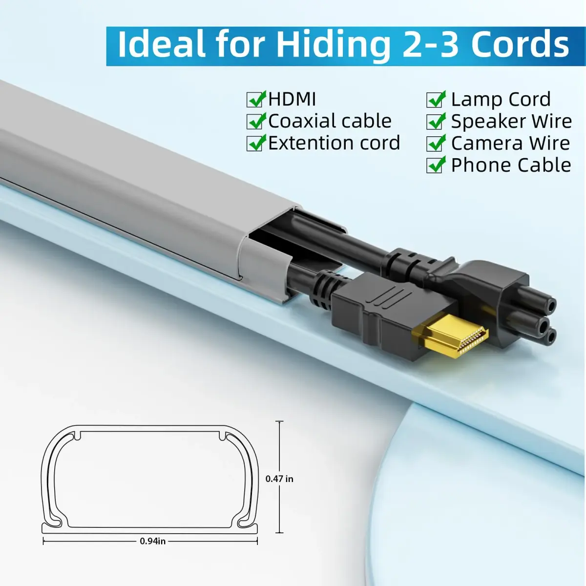 Yecaye Grey Cord Management Cover 142cm (55.9in) | Conceals 2-3 Wires for Wall Mounting - view 2