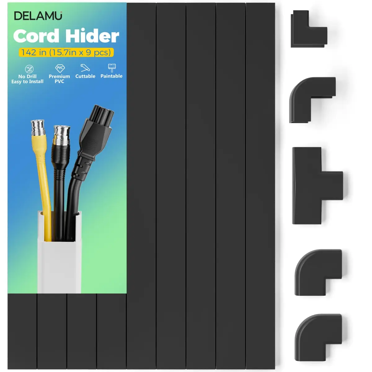 Delamu Black Cord Hider Cable Raceway Kit 142in (360.68 cm) | UL94 V-0 Rated for Safety - main product image