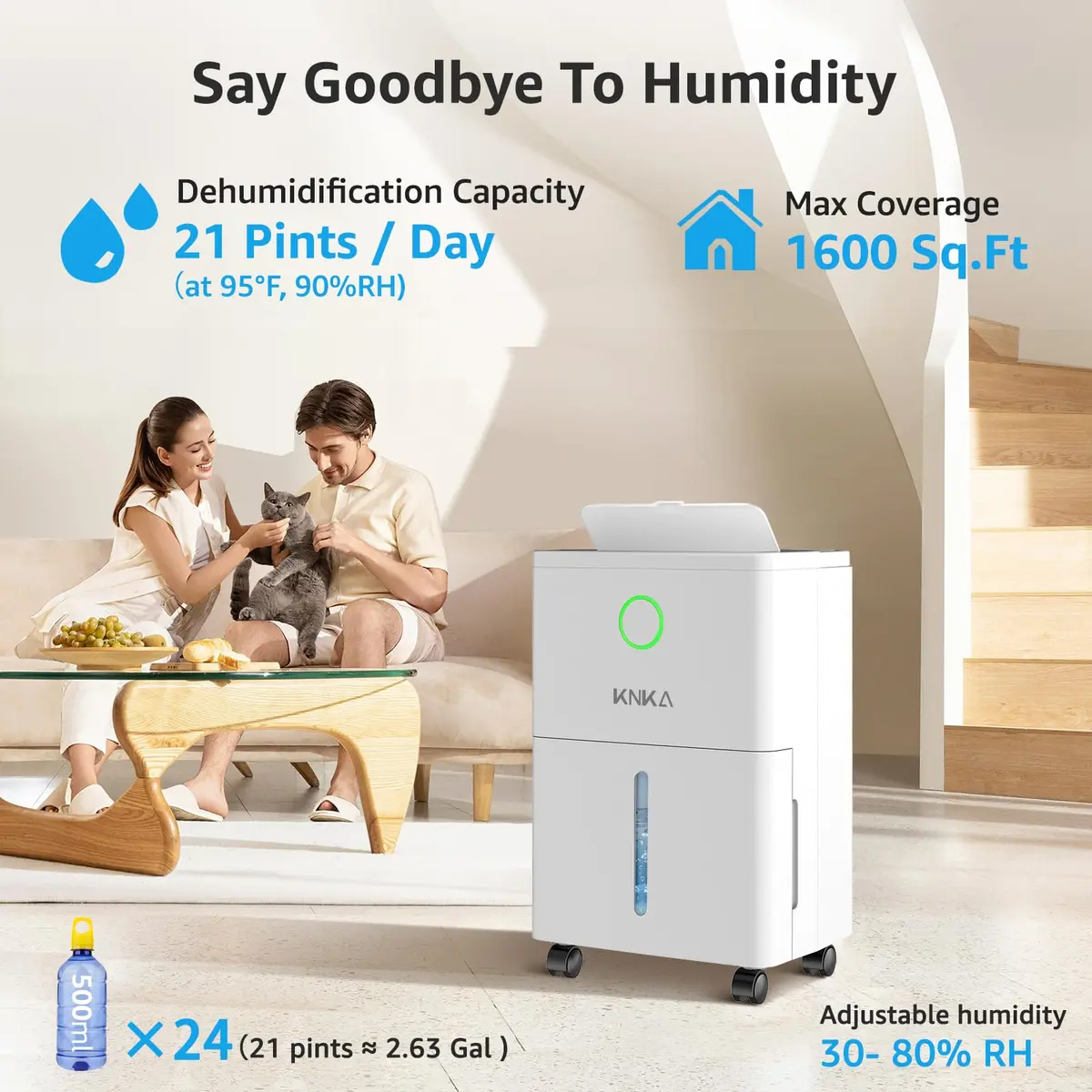 KNKA Dehumidifier for Basement 21 Pint | Smart Humidistat, Drain Hose, White - view 2