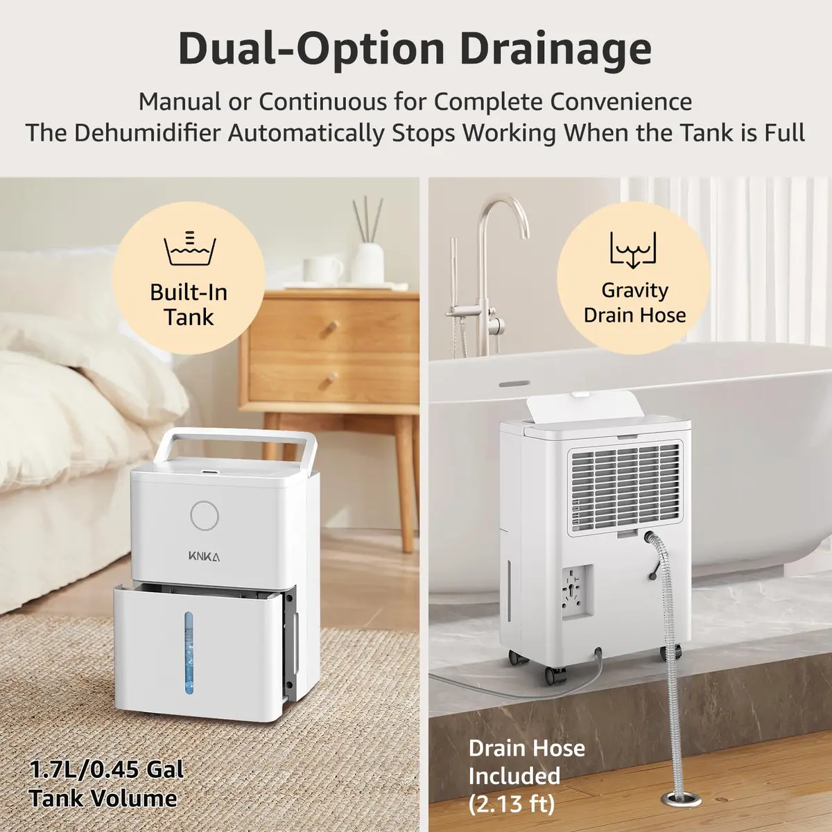KNKA Dehumidifier for Basement 21 Pint | Smart Humidistat, Drain Hose, White - view 3