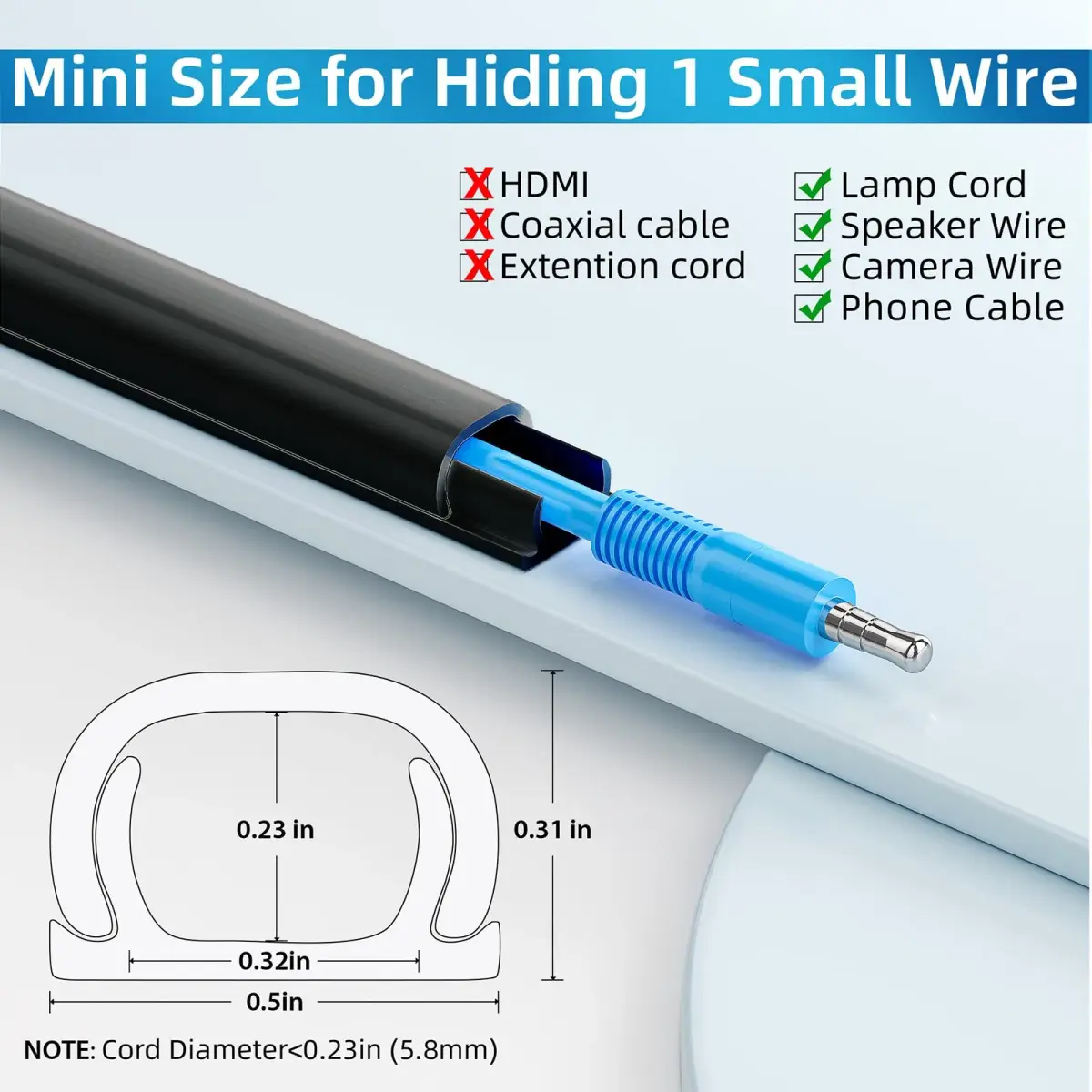 Yecaye Mini Cord Hider 36.29 cm (14.17 in) Black | Conceals Single Wires on Walls - view 2