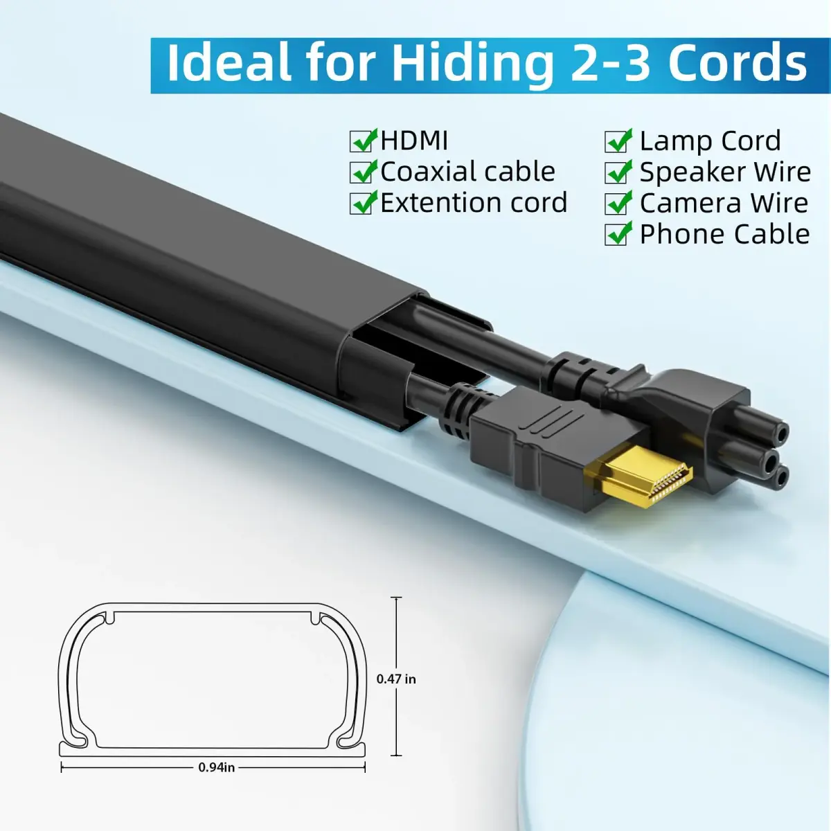 Yecaye Black Cord Management Cover 142in (360.68 cm) | Conceals 2-3 Wires on Walls - view 2