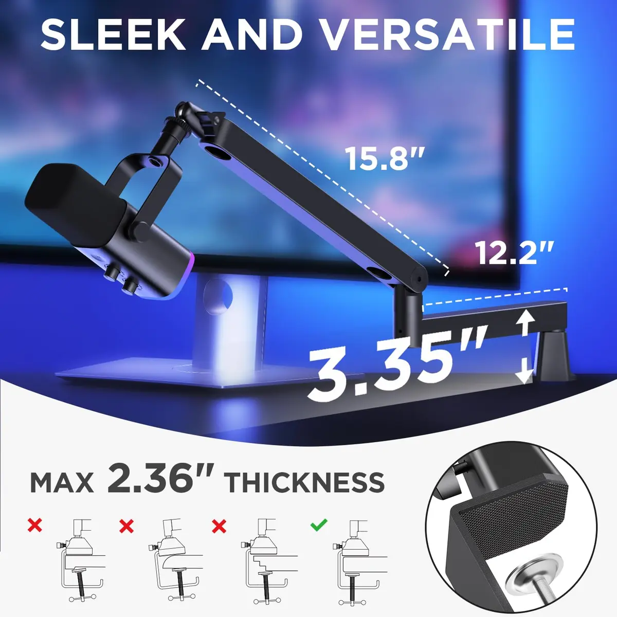 InnoGear Low Profile Mic Arm Boom Arm Microphone Stand Desk Mount, Black | Space-Saving, Adjustable & Durable - view 5
