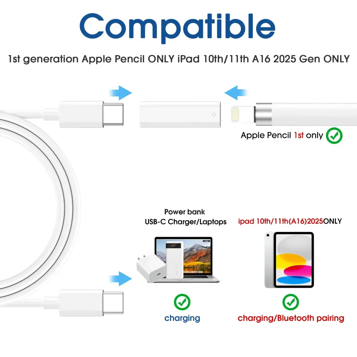TechMatte Apple Pencil 1st Gen Charging Adapter | Lightning to USB-C Connector for iPad 10th/11th Gen - view 2