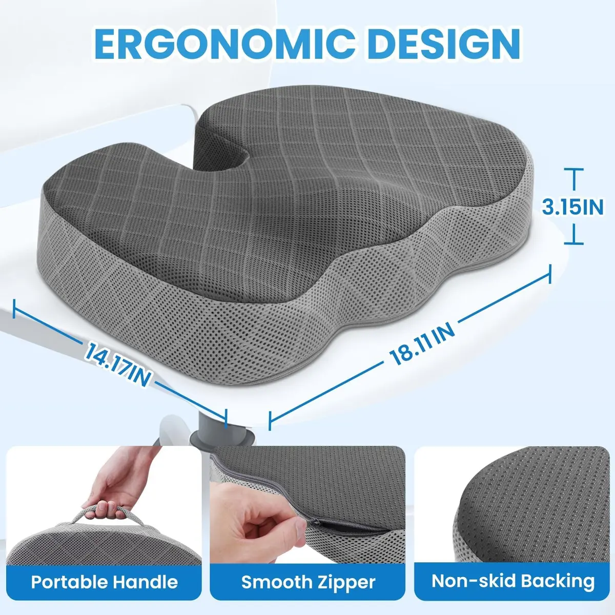 TushGuard Memory Foam Office Chair Seat Cushion Large Dark & Light Grey | Ergonomic U-Shape for Sciatica & Back Pain Relief - view 2