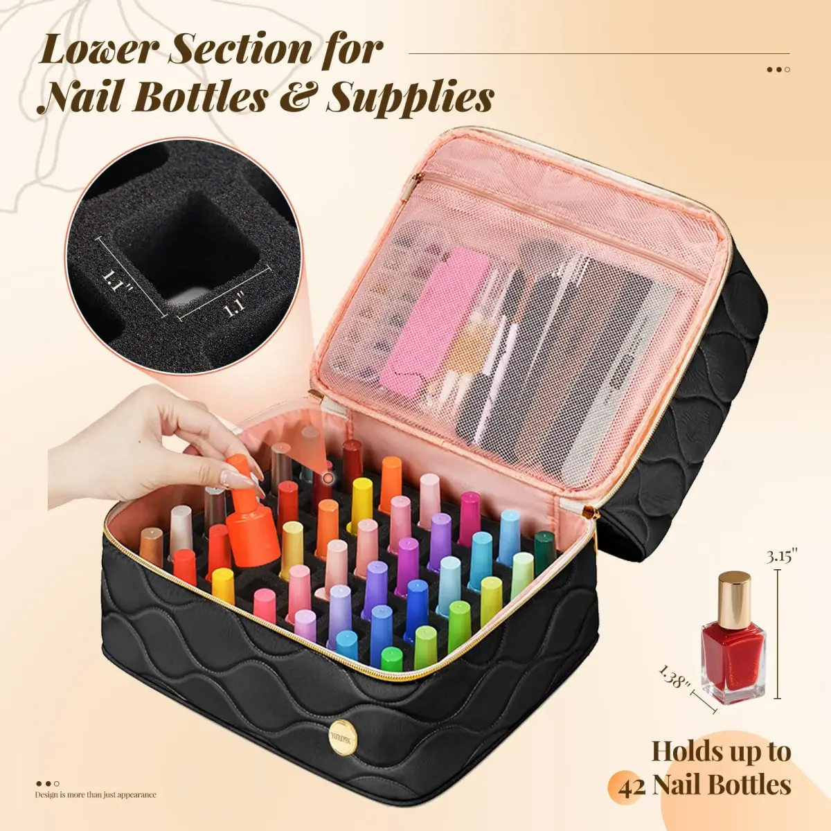 YOREPEK Nail Polish Bag Holds 42 Bottles (15ml/0.5 fl.oz) Black | Travel-Friendly Organizer with Foam Slots - view 4
