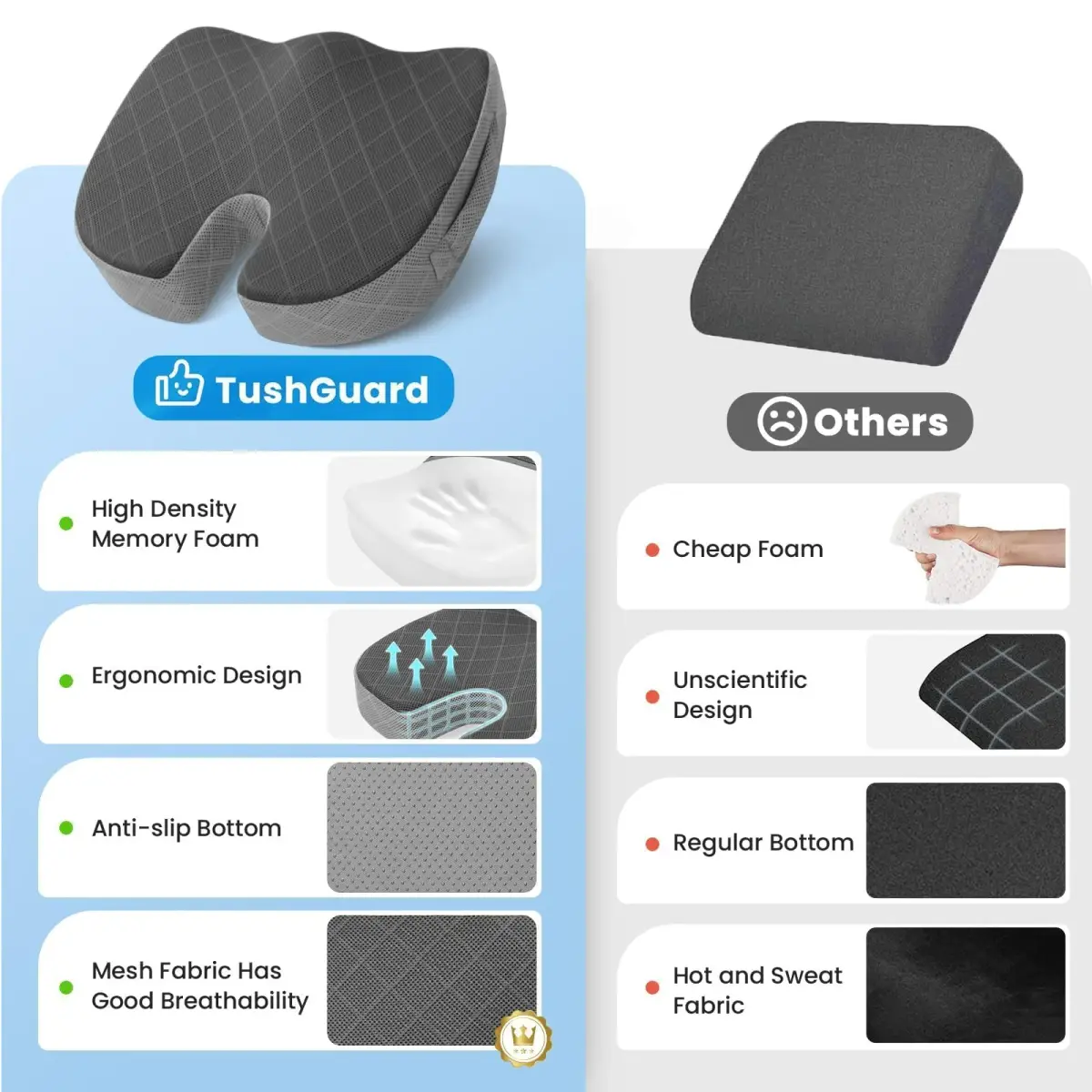 TushGuard Memory Foam Office Chair Seat Cushion X-Large Dark&Light Grey | Ergonomic U-Shape for Sciatica & Back Pain Relief - view 6