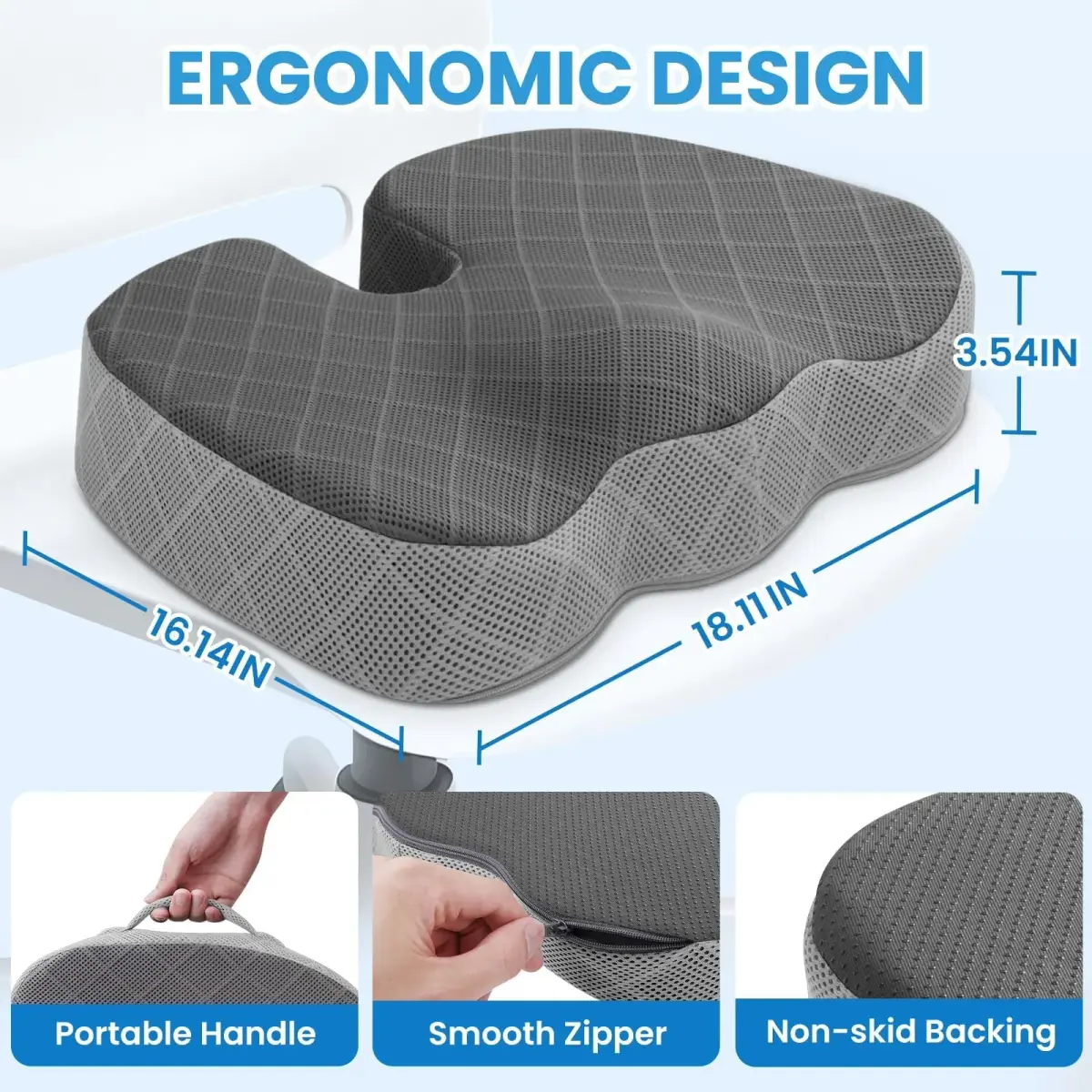 TushGuard Memory Foam Office Chair Seat Cushion X-Large Dark&Light Grey | Ergonomic U-Shape for Sciatica & Back Pain Relief - view 2