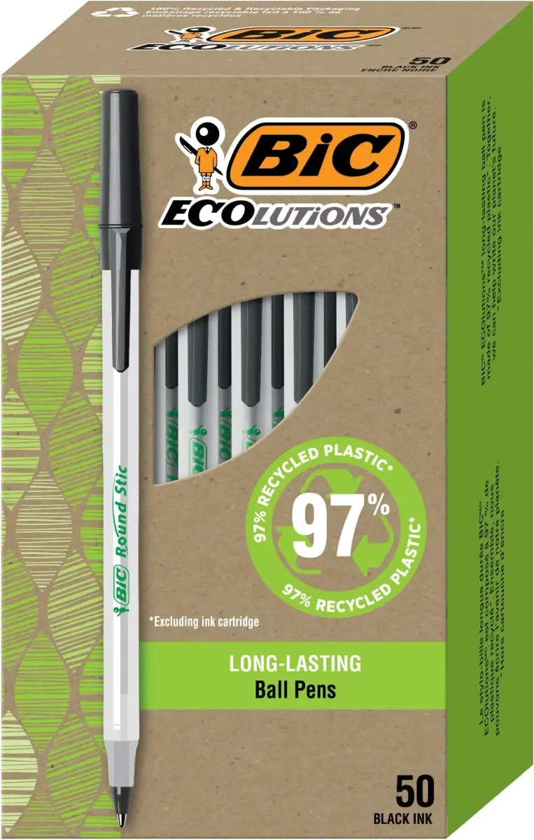 BIC Ecolutions Round Stic Ballpoint Pens, Medium Point 1.0mm, Black Ink, 450 Count (Pack of 9) | Made with 97% Recycled Plastic - main product image