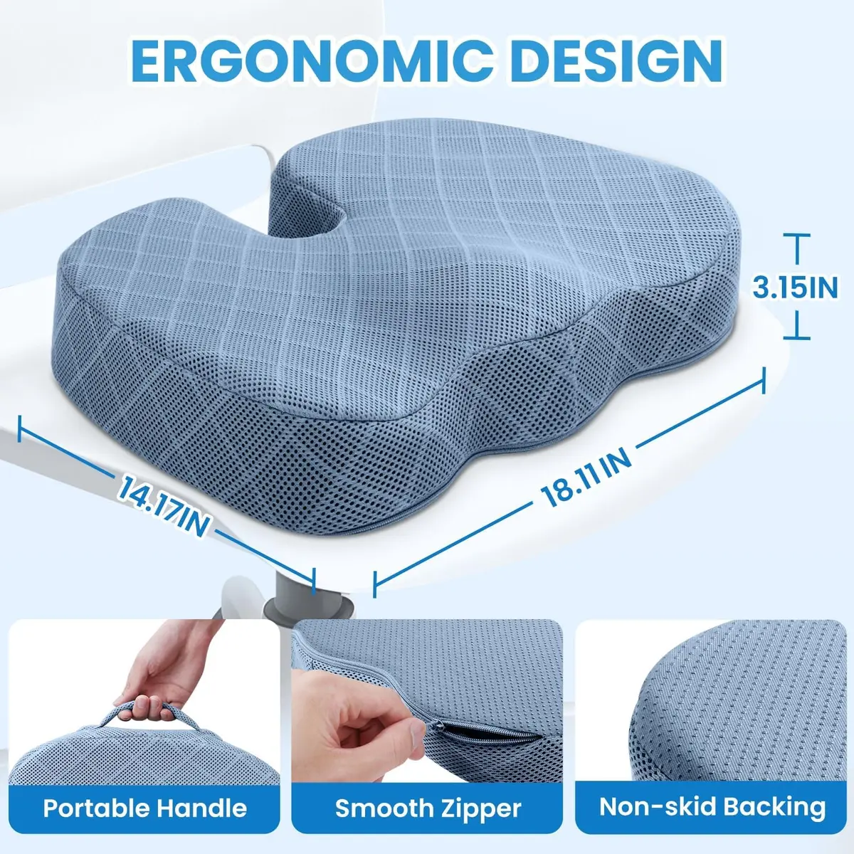 TushGuard Memory Foam Office Chair Seat Cushion Large Light Blue | Ergonomic U-Shape for Tailbone Pain Relief - view 2