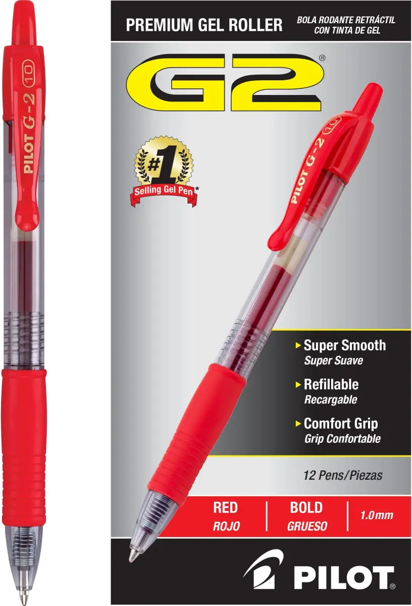 PILOT G2 Premium Retractable Gel Pens, Bold Point, Red Ink, 1.0mm Line, 12 Count (Pack of 12) | Longest-Lasting Gel Ink Pen - main product image