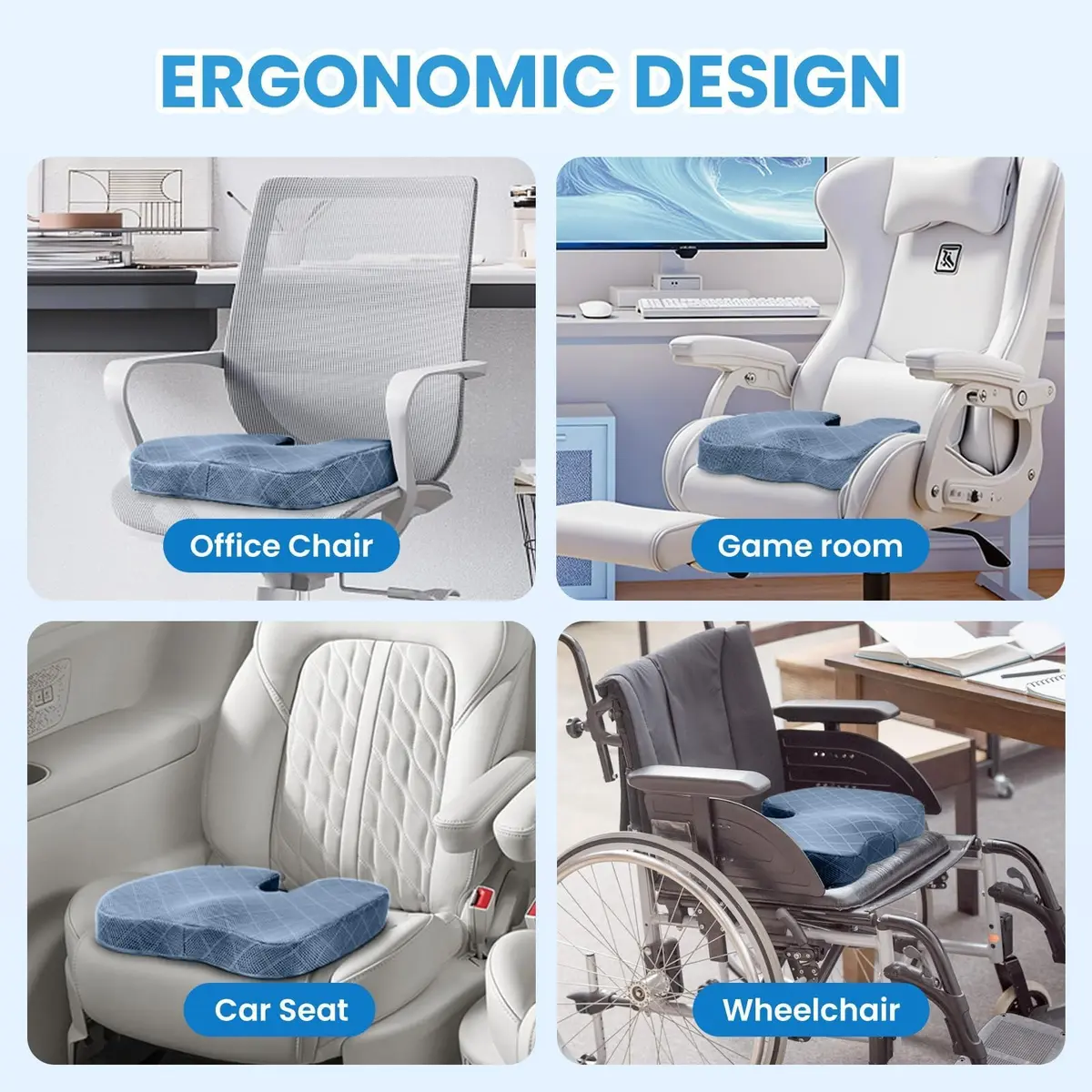 TushGuard Memory Foam Office Chair Seat Cushion X-Large Light Blue | Ergonomic U-Shape for Tailbone Pain Relief - view 5