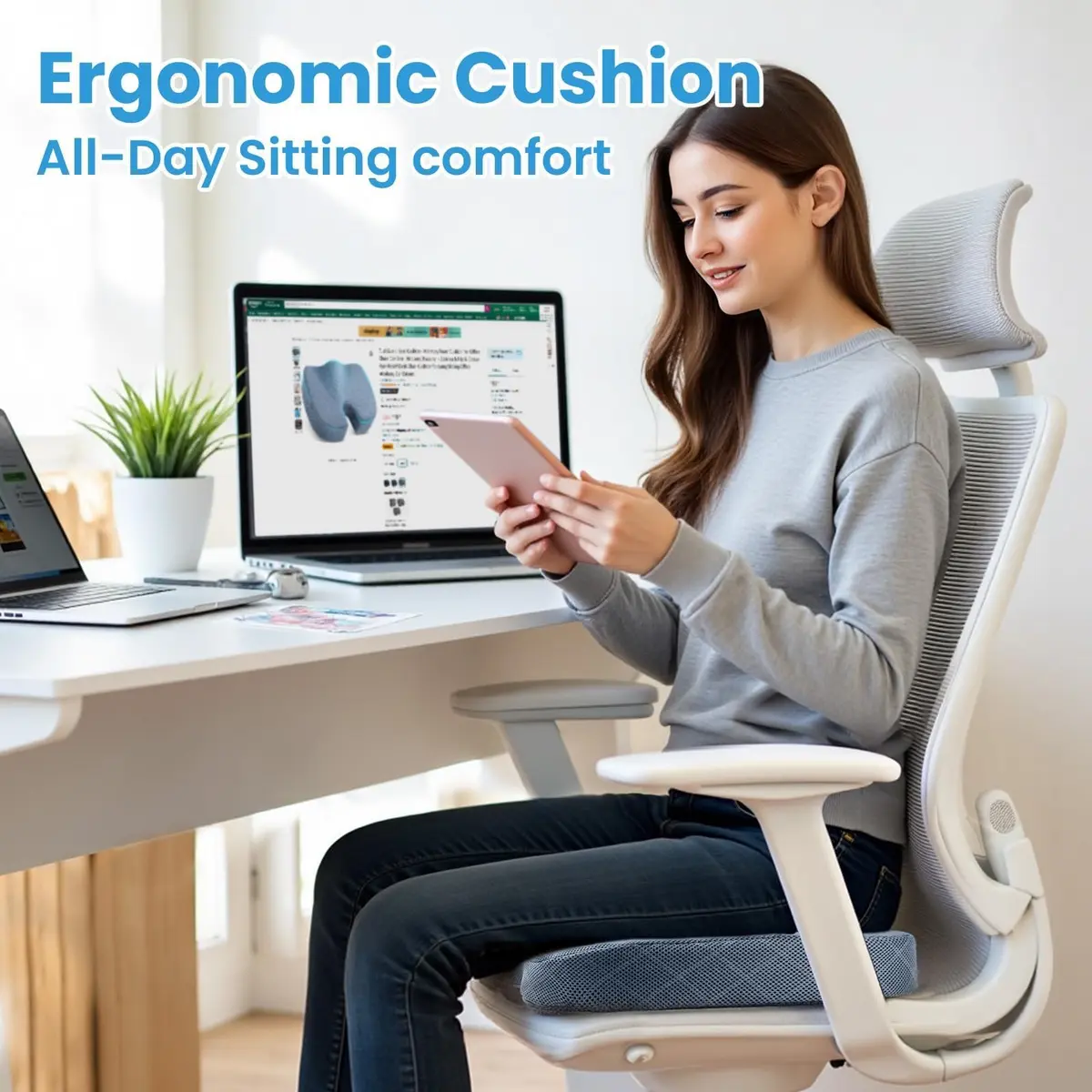 TushGuard Memory Foam Office Chair Seat Cushion X-Large Light Blue | Ergonomic U-Shape for Tailbone Pain Relief - view 7