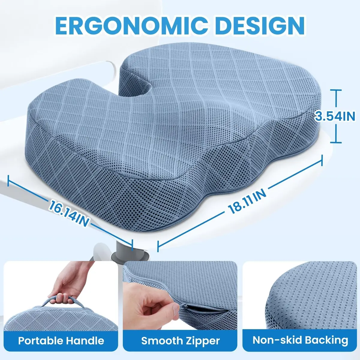 TushGuard Memory Foam Office Chair Seat Cushion X-Large Light Blue | Ergonomic U-Shape for Tailbone Pain Relief - view 2