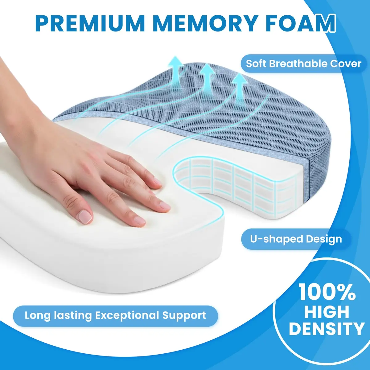 TushGuard Memory Foam Office Chair Seat Cushion X-Large Light Blue | Ergonomic U-Shape for Tailbone Pain Relief - view 3