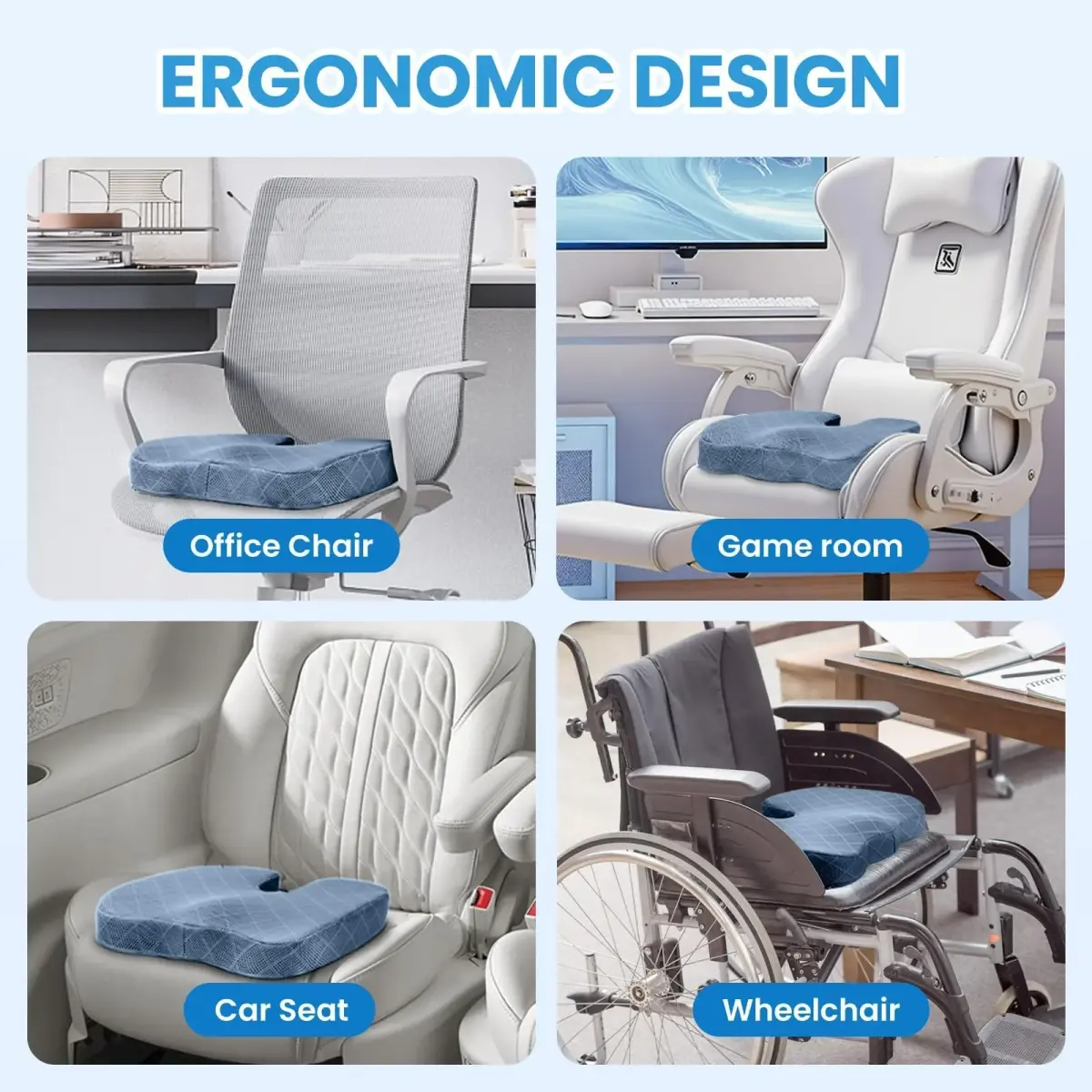TushGuard Memory Foam Office Chair Seat Cushion Light Blue XX-Large | Ergonomic U-Shape for Sciatica & Back Pain Relief - view 5