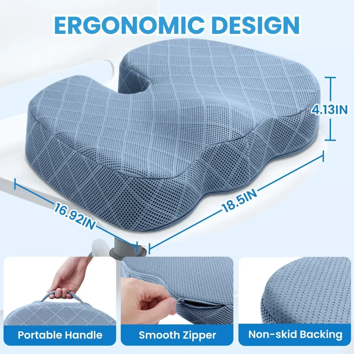 TushGuard Memory Foam Office Chair Seat Cushion Light Blue XX-Large | Ergonomic U-Shape for Sciatica & Back Pain Relief - view 2