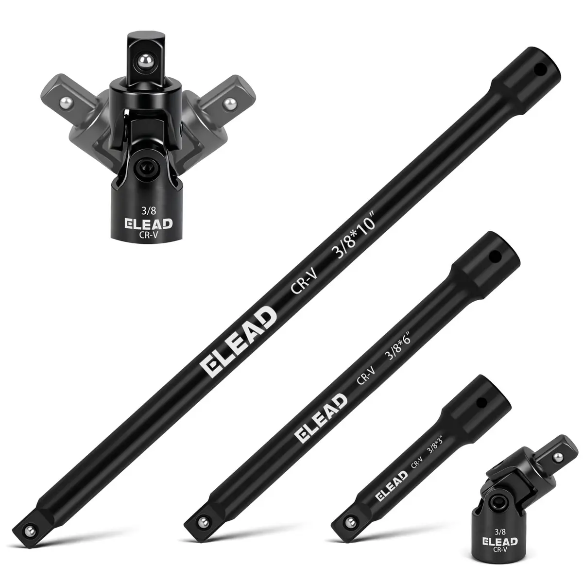 ELEAD 4-Piece 3/8" Drive Socket Extension Bar Set, 3, 6, 10 inch, Chrome Vanadium Steel, Black - main product image