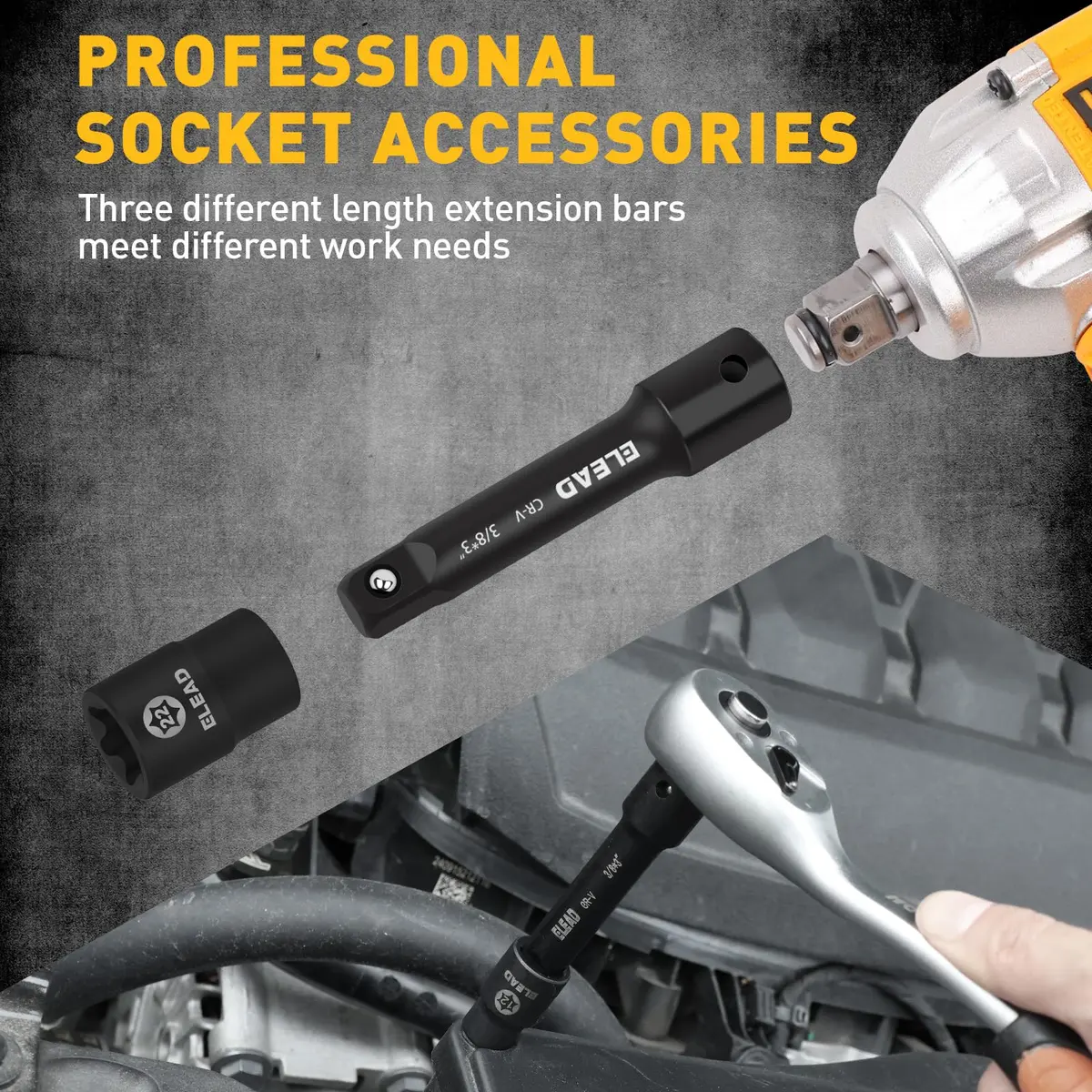 ELEAD 4-Piece 3/8" Drive Socket Extension Bar Set, 3, 6, 10 inch, Chrome Vanadium Steel, Black - view 5