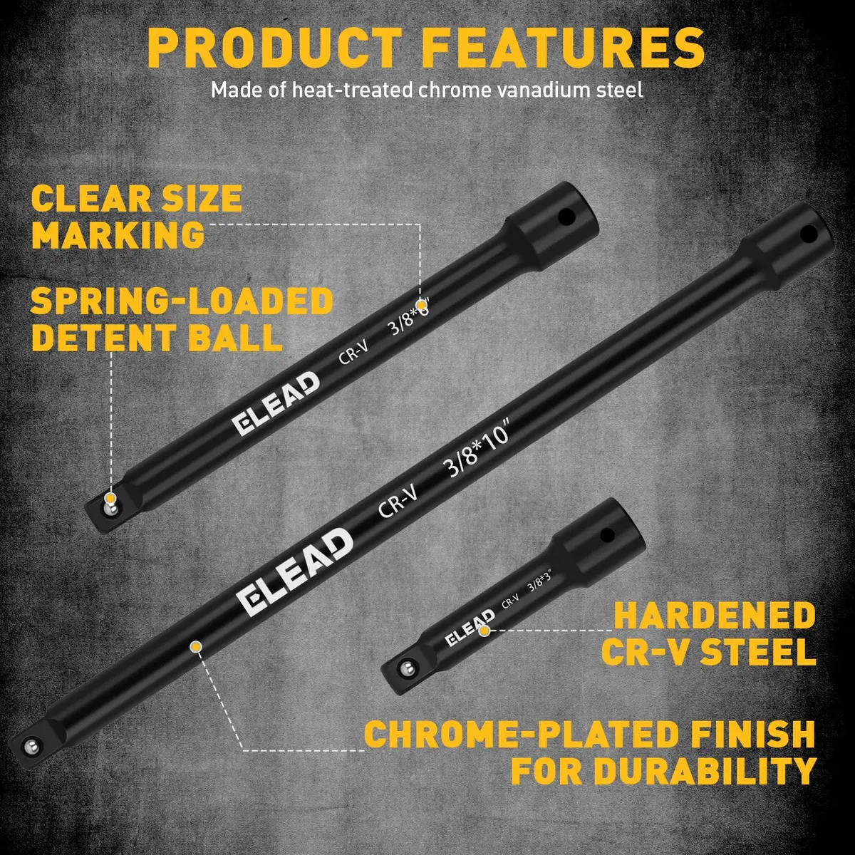 ELEAD 4-Piece 3/8" Drive Socket Extension Bar Set, 3, 6, 10 inch, Chrome Vanadium Steel, Black - view 3