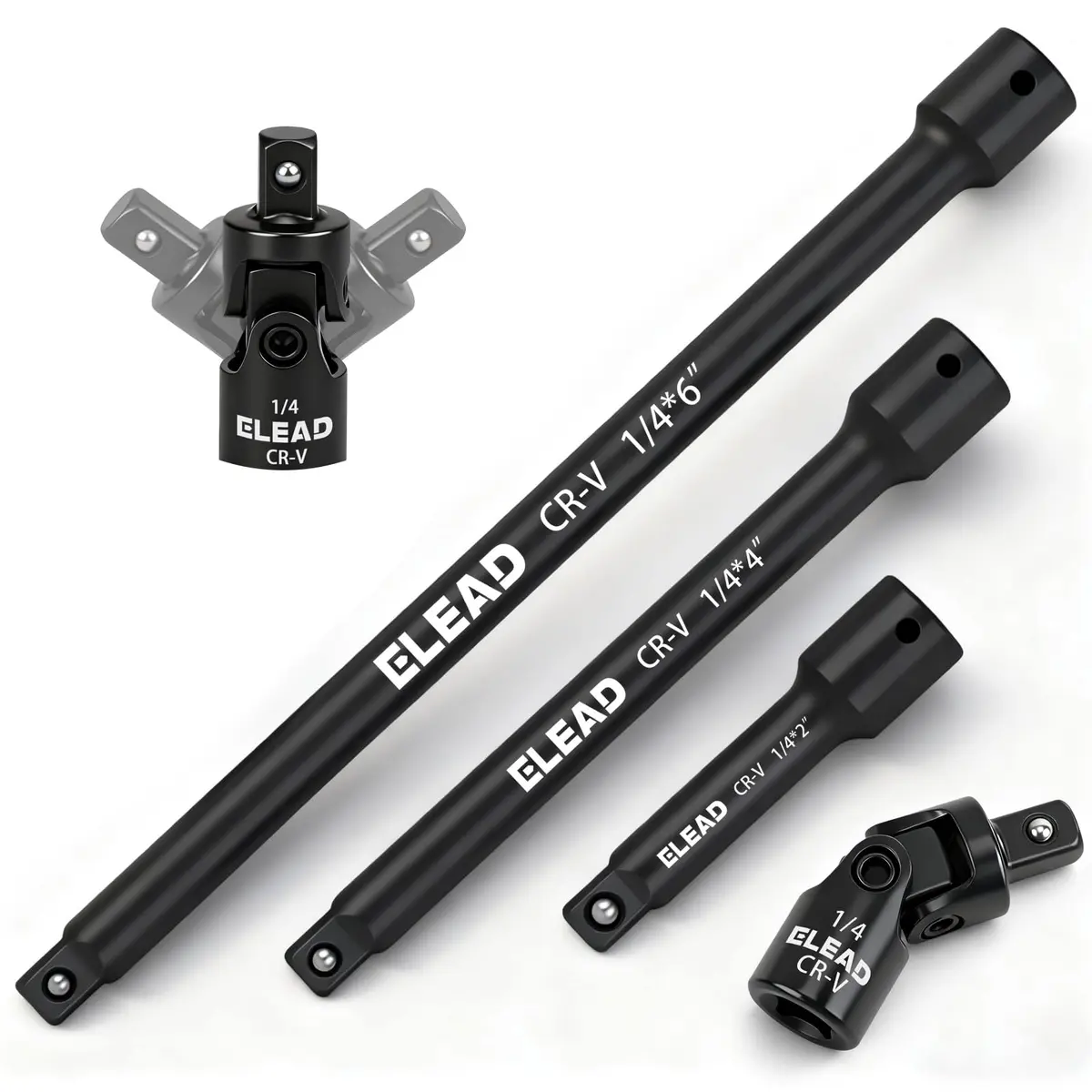 ELEAD 4-Piece 1/4" Drive Socket Extension Bar Set 2, 4, 6 inch | Premium Cr-V Steel, Universal Joint - main product image