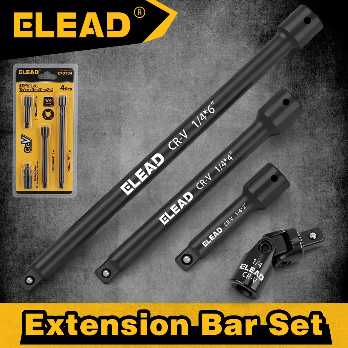 ELEAD 4-Piece 1/4" Drive Socket Extension Bar Set 2, 4, 6 inch | Premium Cr-V Steel, Universal Joint - view 8