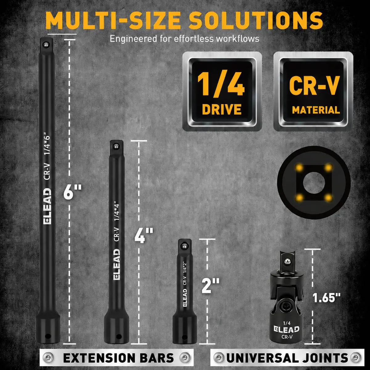ELEAD 4-Piece 1/4" Drive Socket Extension Bar Set 2, 4, 6 inch | Premium Cr-V Steel, Universal Joint - view 2