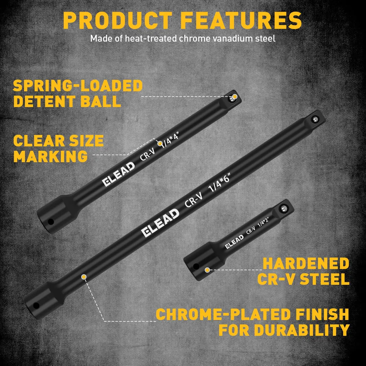 ELEAD 4-Piece 1/4" Drive Socket Extension Bar Set 2, 4, 6 inch | Premium Cr-V Steel, Universal Joint - view 3