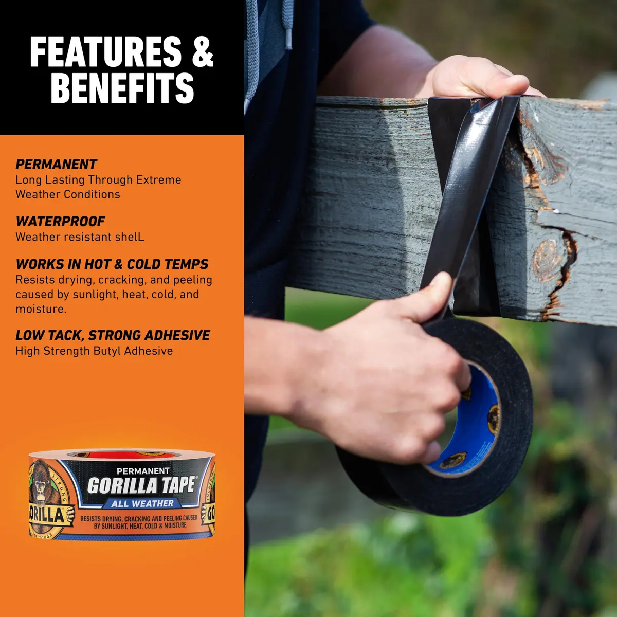 Gorilla All Weather Duct Tape Black 1.88" x 25 yd | Waterproof & UV Resistant for Outdoor Repairs (2-Pack, 12 Rolls Total) - view 4