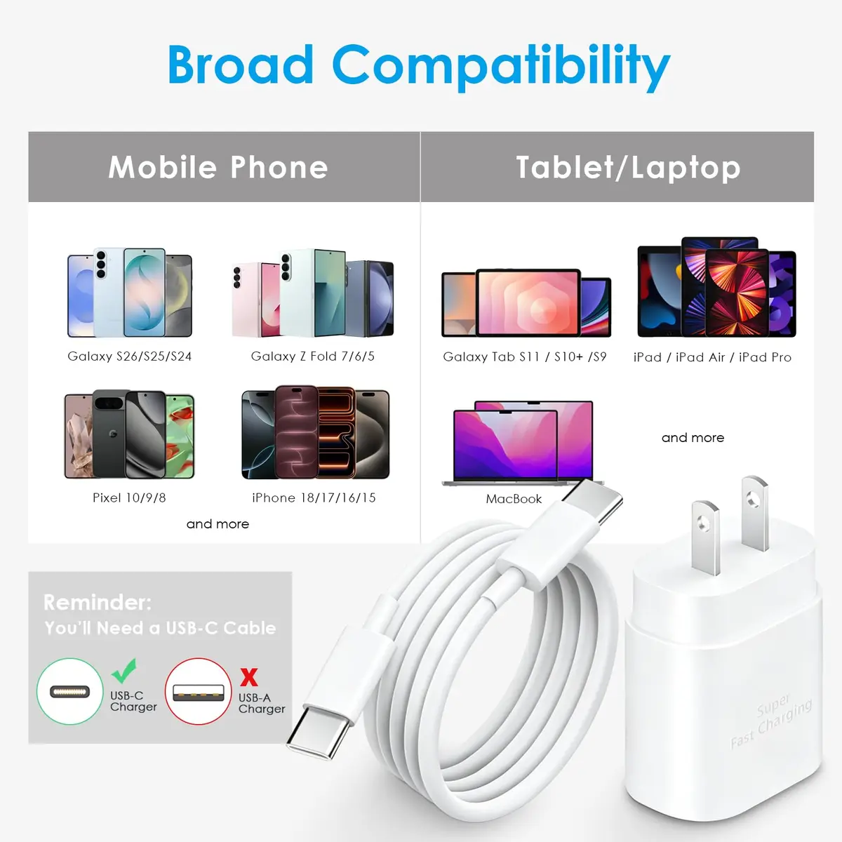 CXX 25W Type C Charger Fast Charging for S26/S25/S24 | 6Ft USB-C Cable, White - view 4