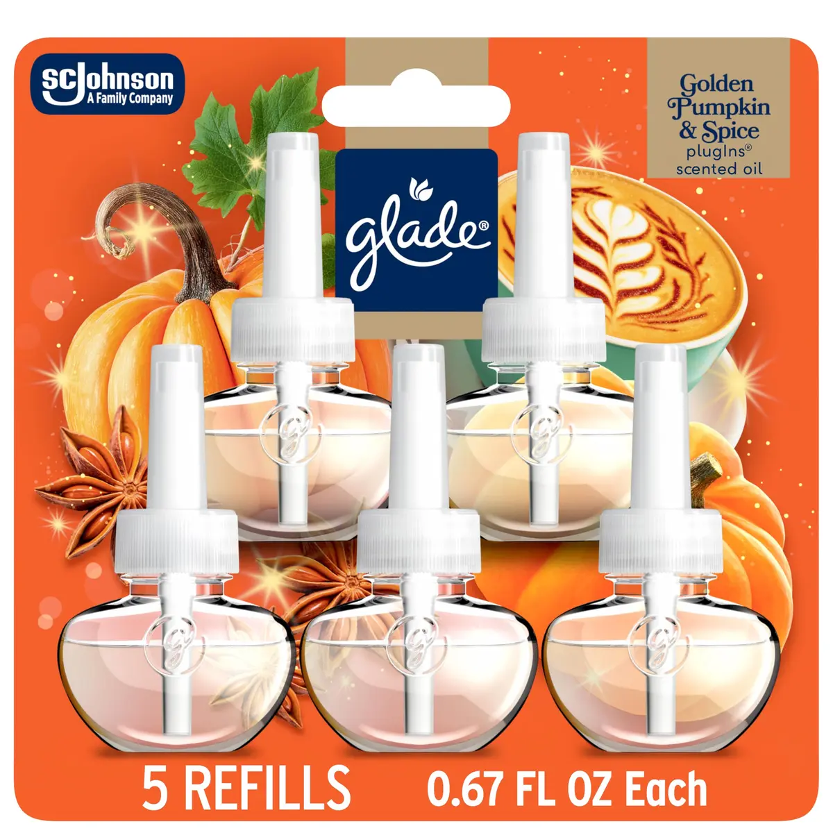 Glade PlugIns Scented Oil Refills Golden Pumpkin & Spice 3.35 fl oz (100 ml) | Festive Warmth for Indian Homes - main product image