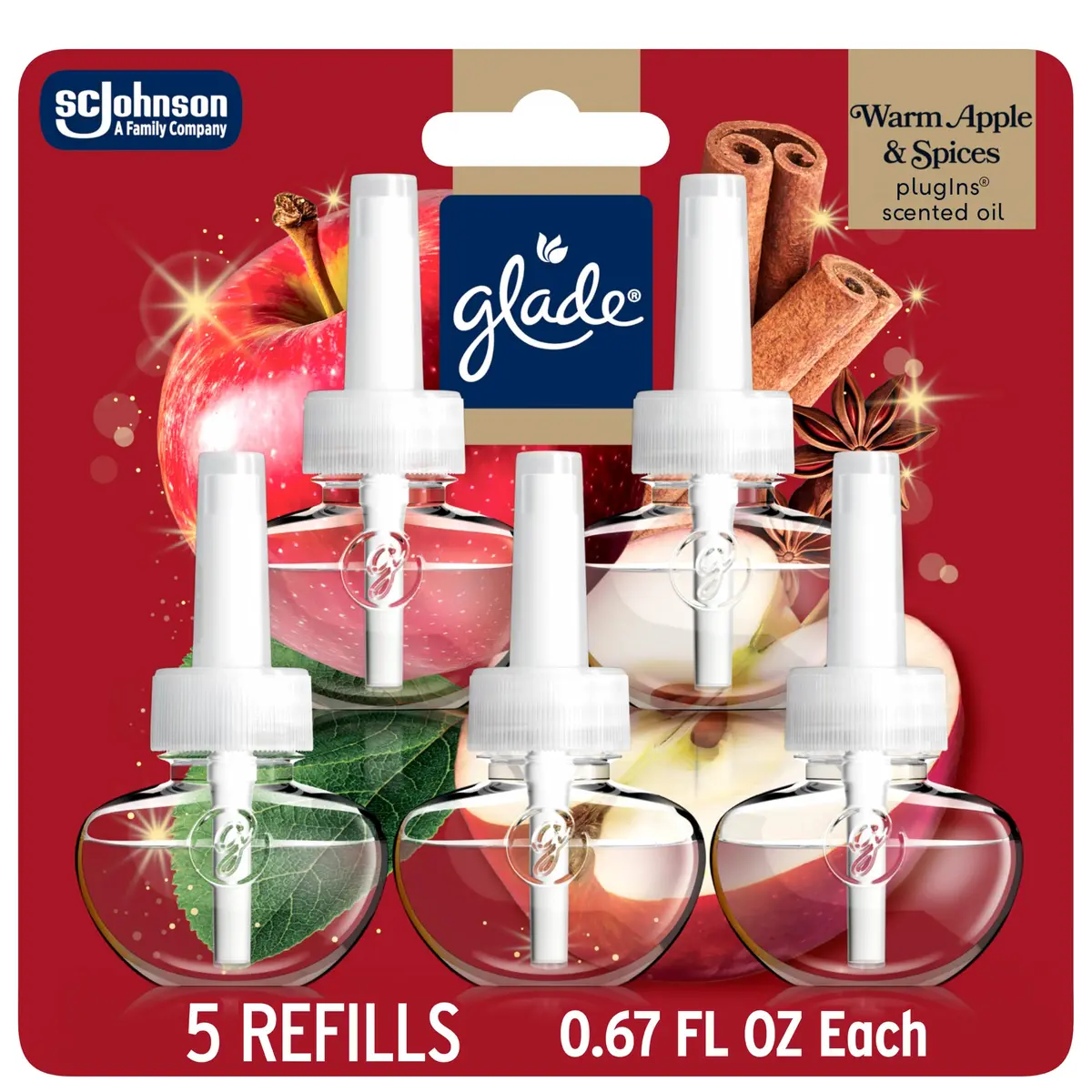 Glade PlugIns Scented Oil Refills Warm Apple & Spices 5 Count 3.35 fl oz | Festive Seasonal Fragrance - main product image