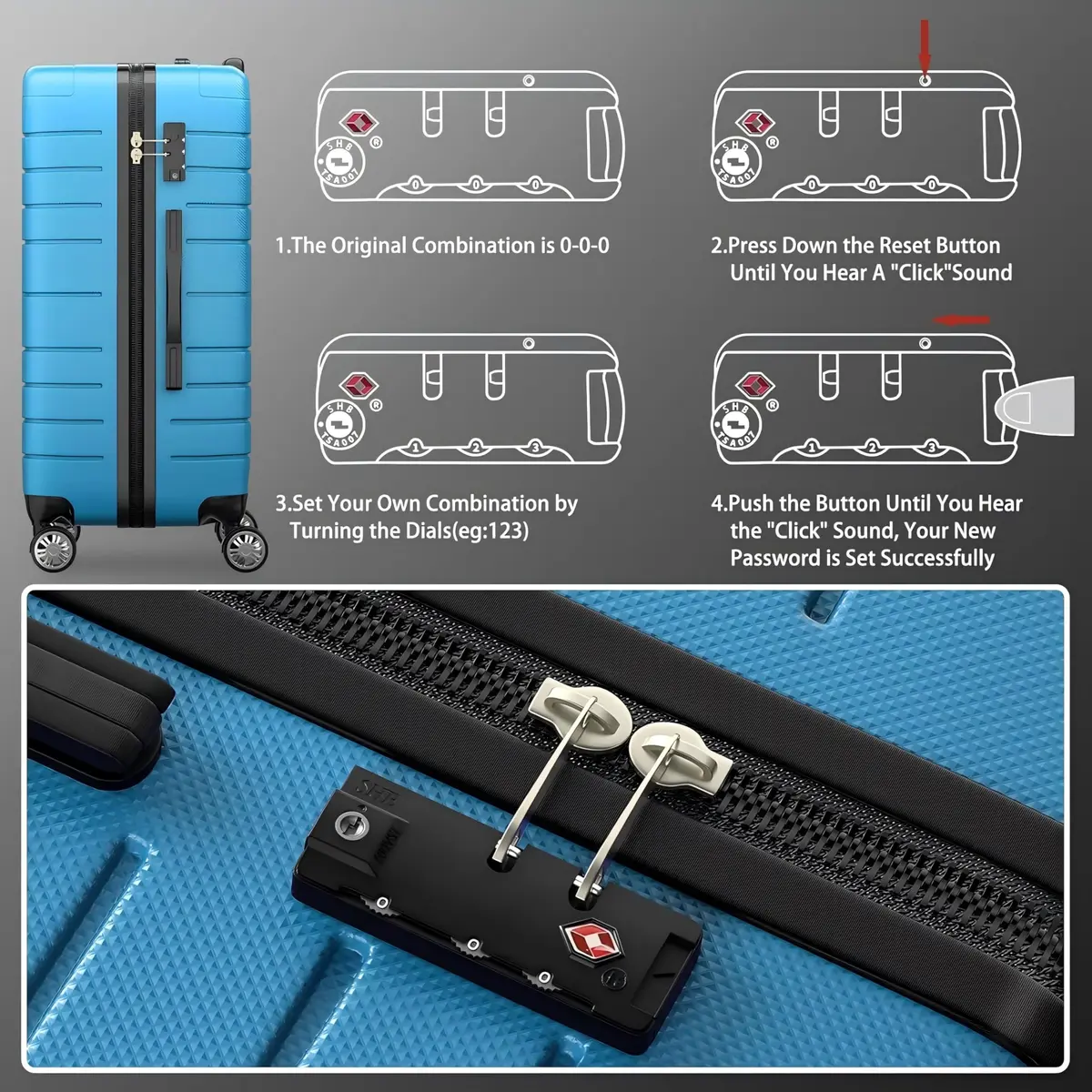 sugsugme 3-Piece Pink Hardshell Suitcase Set with TAS Lock & Spinner Wheels | Lightweight Carry-On with Adjustable Handle (Sky Blue) | 11 x 28 x 21 inches - view 7