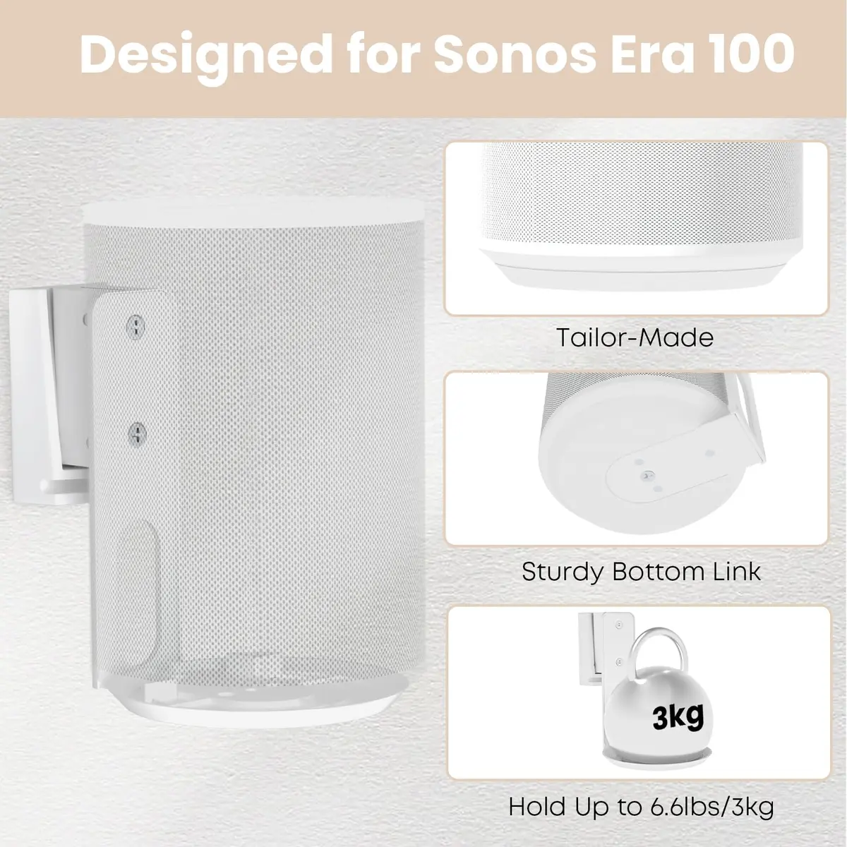 PUTORSEN Speaker Wall Mount for Sonos Era 100, Tilt & Swivel, 2 Pack White | Metal Mount Bracket for Better Audio Enjoyment - view 2
