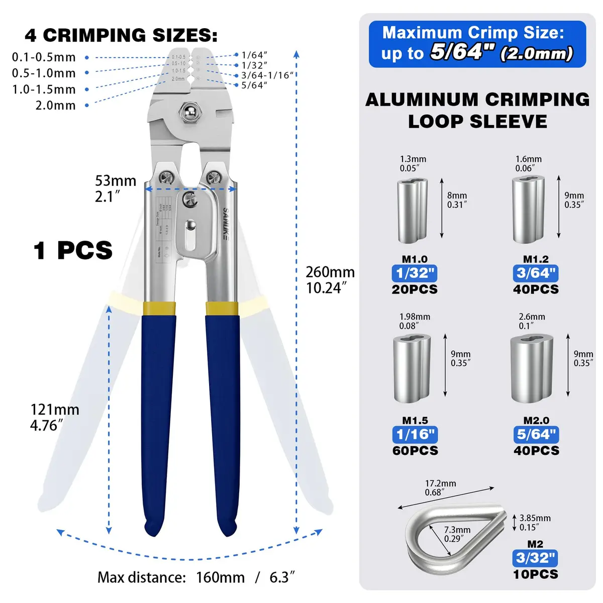Sanuke Wire Rope Crimping Kit, Cable Swaging Tool Crimps up to 2.2mm | Heavy Duty Stainless Steel - view 2