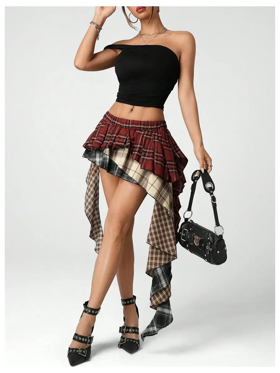 Verdusa Plaid Skirts for Women Y2k Asymmetrical Mini Skirt Multicolor | Trendy, Comfortable & Perfect for Festivals - view 6