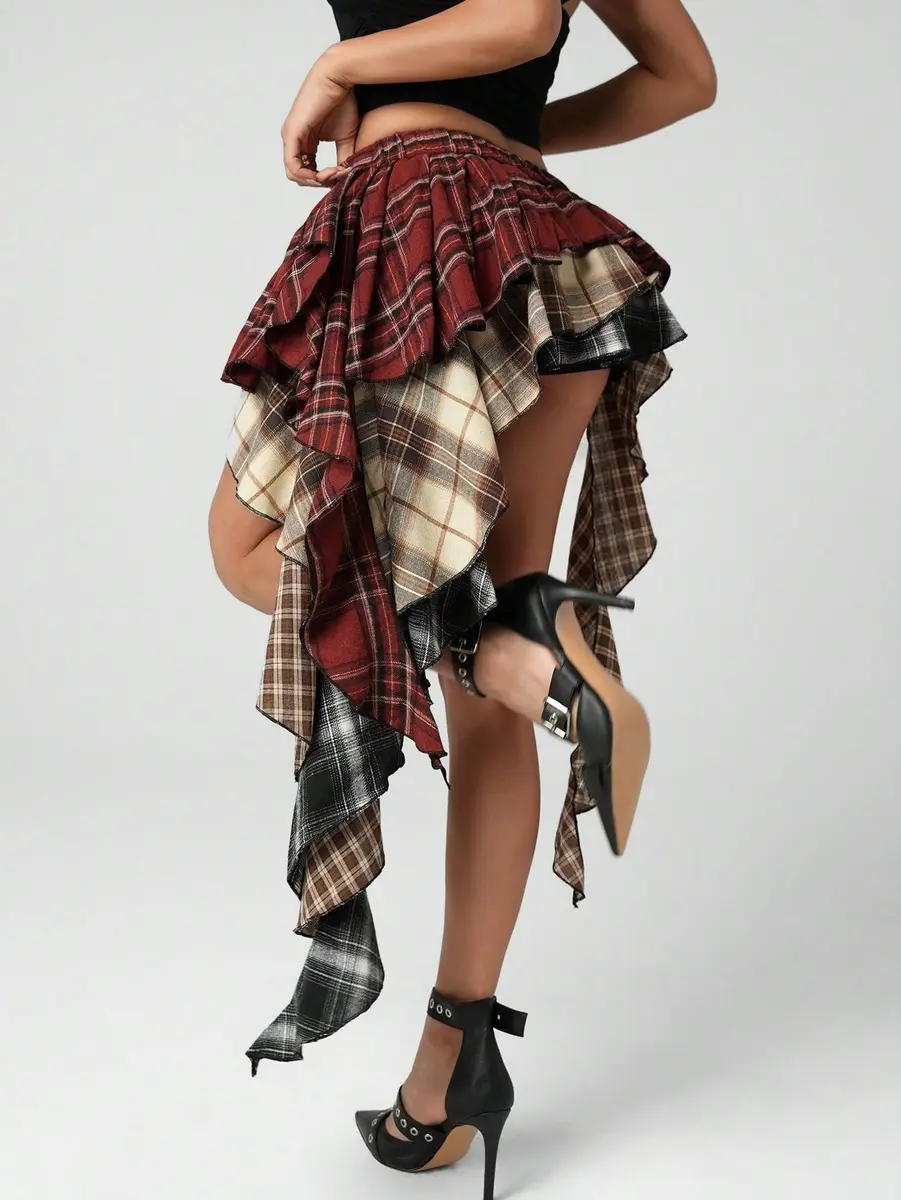 Verdusa Plaid Skirts for Women Y2k Asymmetrical Mini Skirt Multicolor | Trendy, Comfortable & Perfect for Festivals - view 2