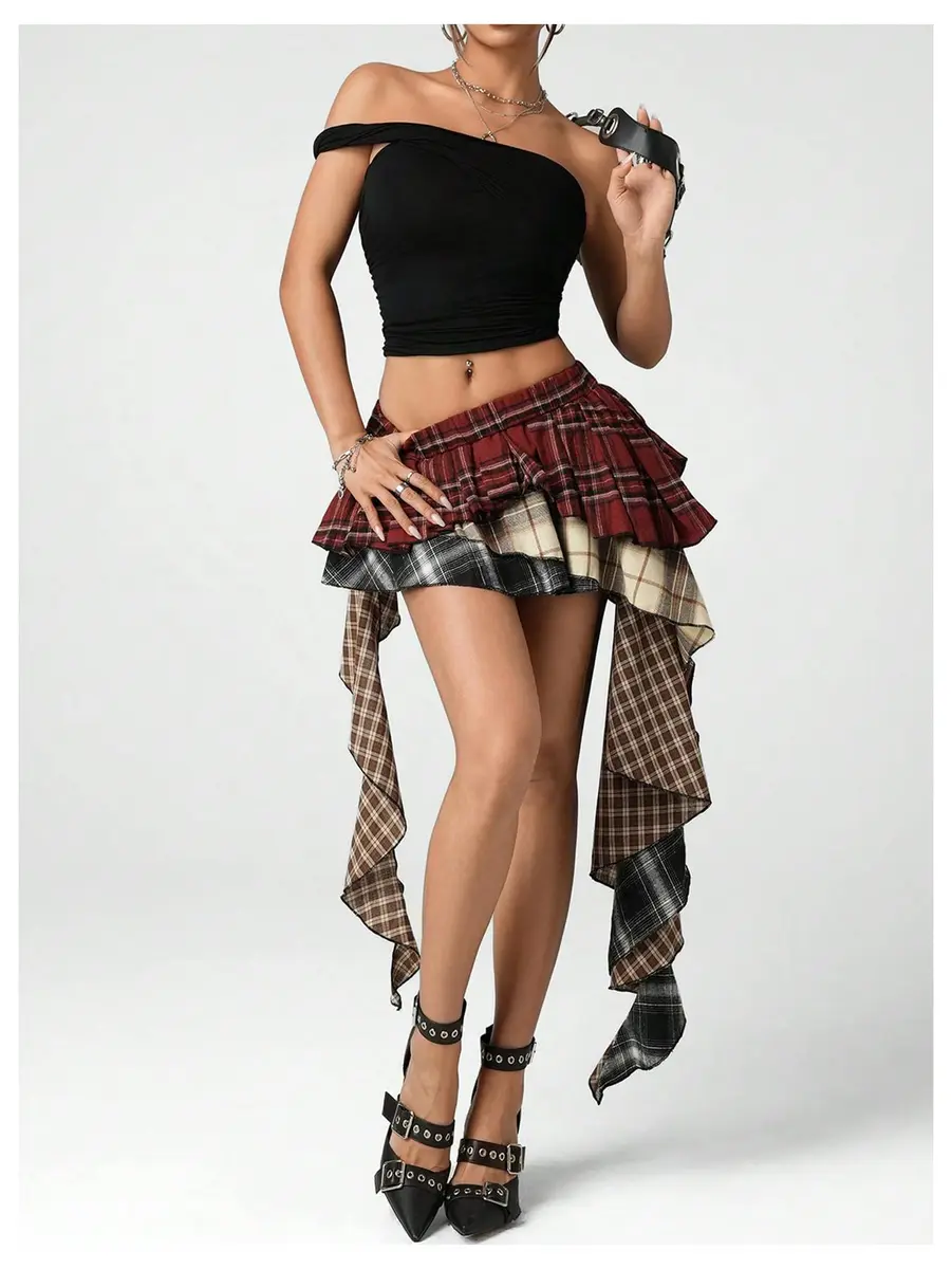 Verdusa Plaid Skirts for Women Y2k Asymmetrical Mini Skirt Multicolor | Trendy, Comfortable & Perfect for Festivals - view 4