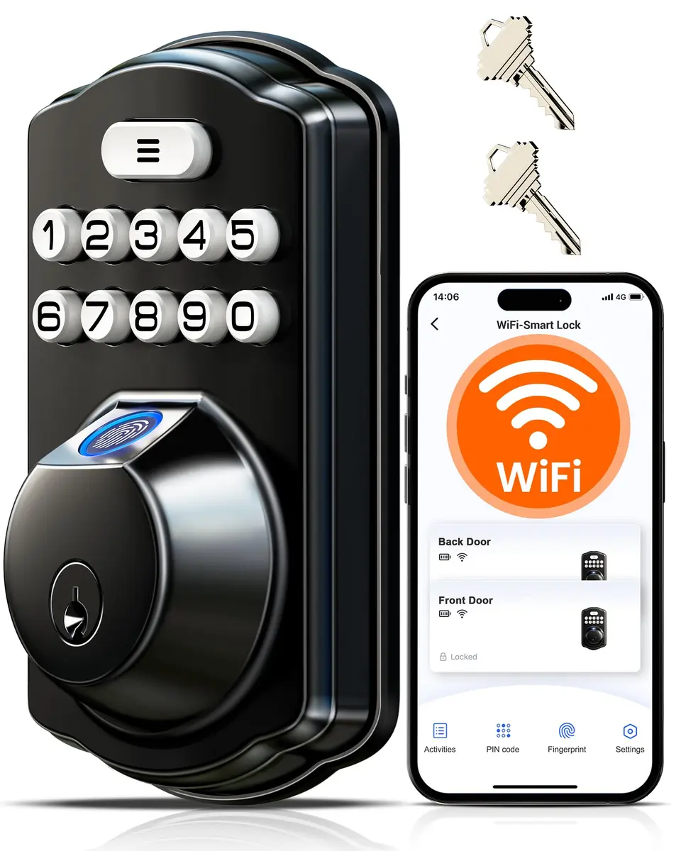 Veise VE012W WiFi Fingerprint Smart Lock for Front Door, Matte Black - 1.68 lbs (0.76 kg) - main product image