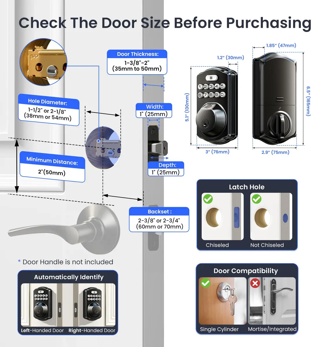 Veise VE012W WiFi Fingerprint Smart Lock for Front Door, Matte Black - 1.68 lbs (0.76 kg) - view 6