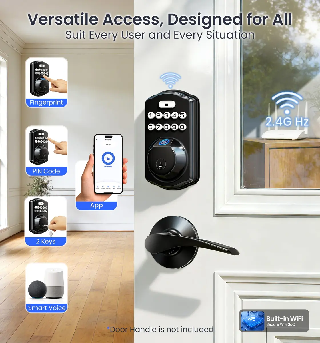 Veise VE012W WiFi Fingerprint Smart Lock for Front Door, Matte Black - 1.68 lbs (0.76 kg) - view 2