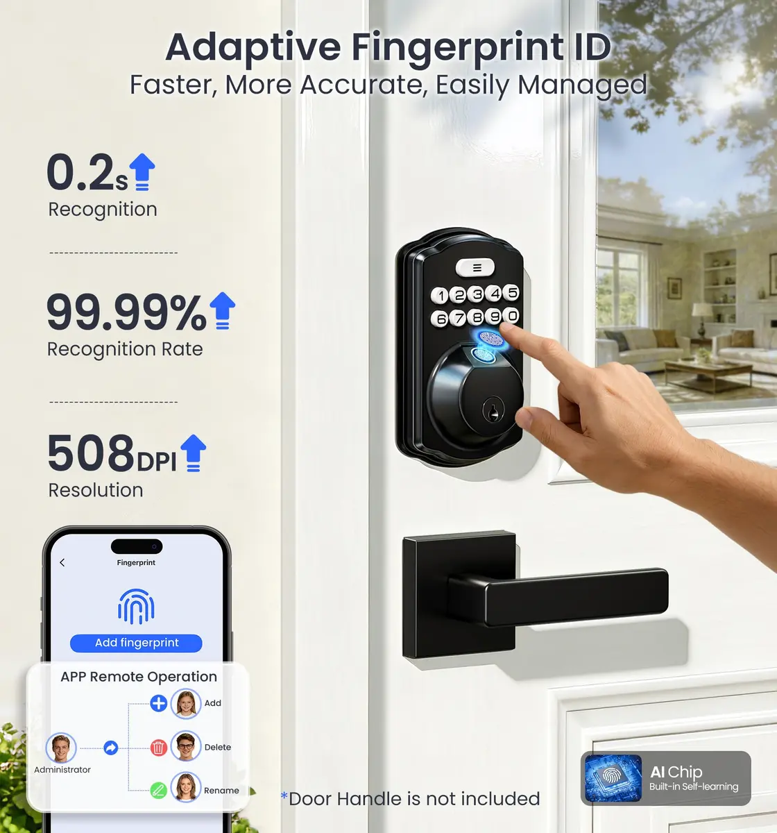 Veise VE012W WiFi Fingerprint Smart Lock for Front Door, Matte Black - 1.68 lbs (0.76 kg) - view 4