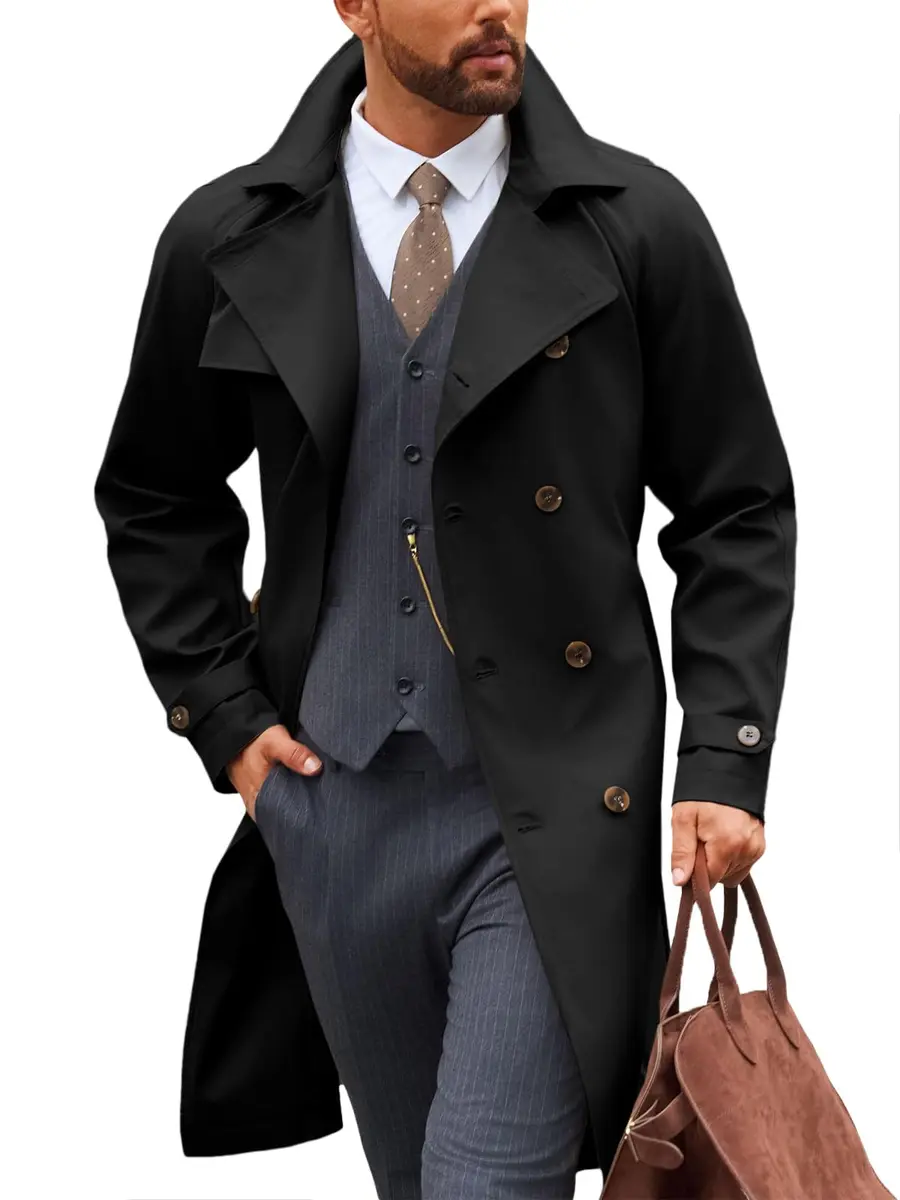 Runcati Mens Trench Coat Double Breasted Windbreaker Long Jacket Overcoat | Water-Resistant, Classic Fall Style - main product image