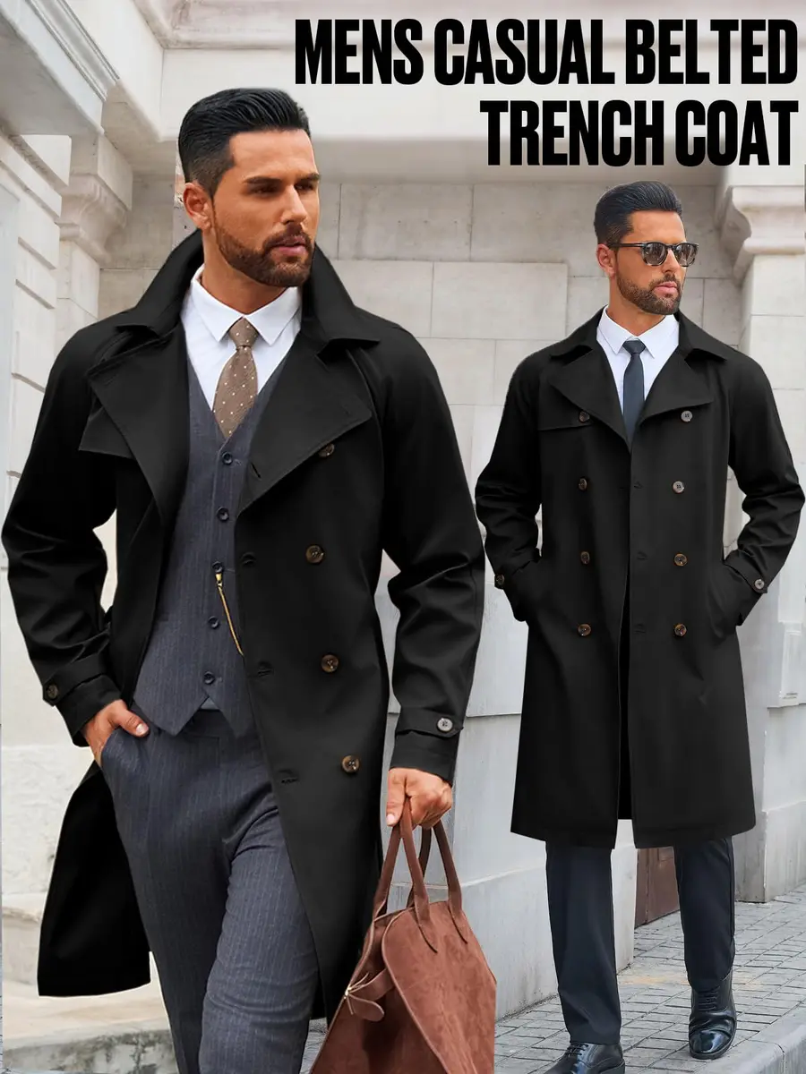 Runcati Mens Trench Coat Double Breasted Windbreaker Long Jacket Overcoat | Water-Resistant, Classic Fall Style - view 5