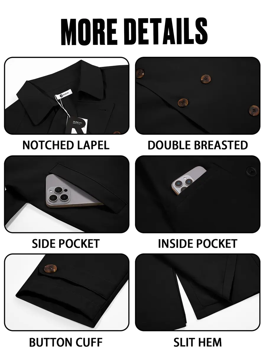 Runcati Mens Trench Coat Double Breasted Windbreaker Long Jacket Overcoat | Water-Resistant, Classic Fall Style - view 6