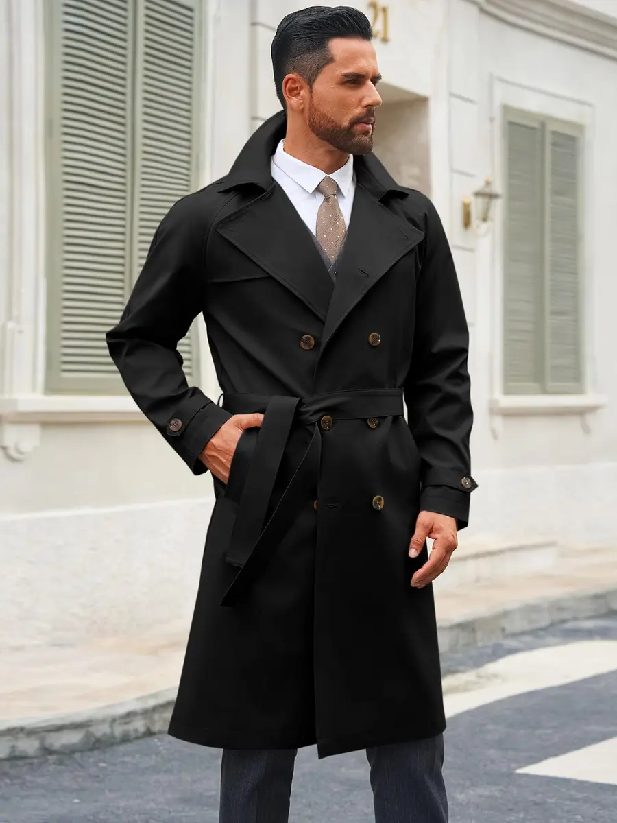 Runcati Mens Trench Coat Double Breasted Windbreaker Long Jacket Overcoat | Water-Resistant, Classic Fall Style - view 3